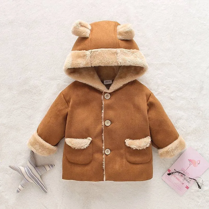 Baby Jacket - Solid Faux Suede & Fleece - Hooded Teddy Coat
