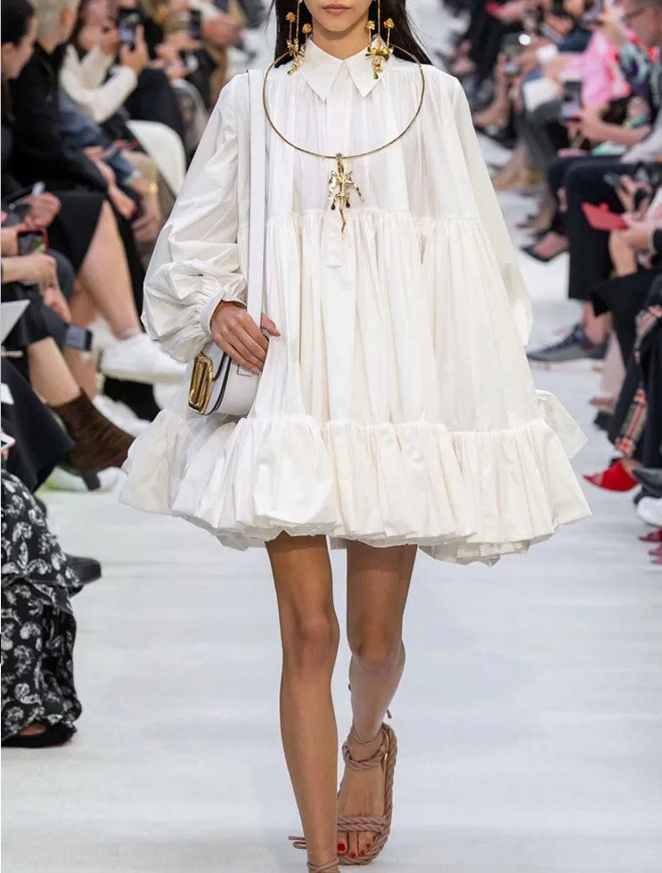 BBL DESIGN TIERED MINI SMOCK SHIRT DRESS IN WHITE