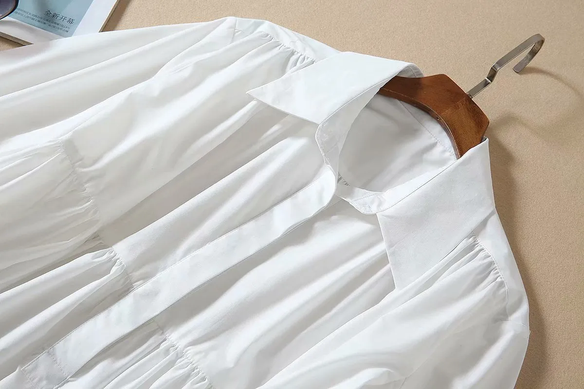 BBL DESIGN TIERED MINI SMOCK SHIRT DRESS IN WHITE
