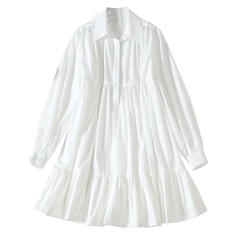 BBL DESIGN TIERED MINI SMOCK SHIRT DRESS IN WHITE