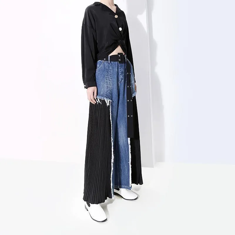 Black Chiffon Pleated Stitching Denim Wide Leg Jeans