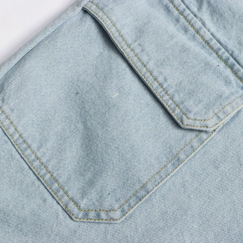 Blue Light Wash Denim High Waist Jeans Summer Pocket Front Vacation Casual Shorts