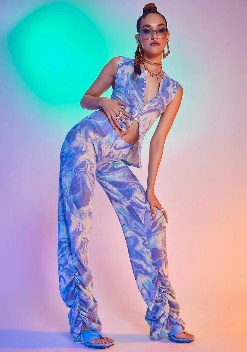 Blue Marble Print Ruched Hem Knit Joggers