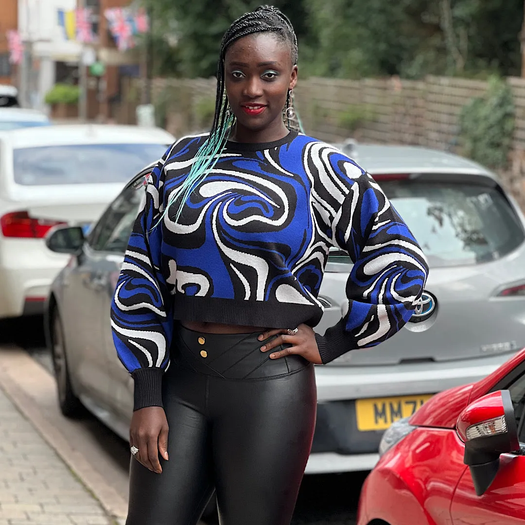 Blue Marble Print Short Long Sleeve Jumper