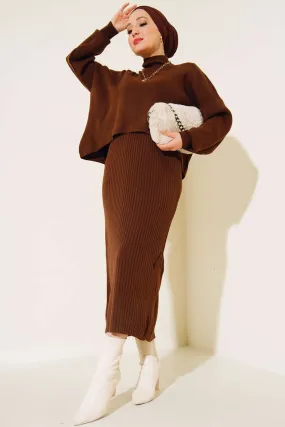 BNG Women Fisherman Collar Sweater Cardigan Knitwear Set Brown - Clermont