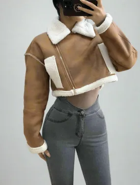 Brown Suede And Beige Fleece Patchwork Collar Crop Jacket