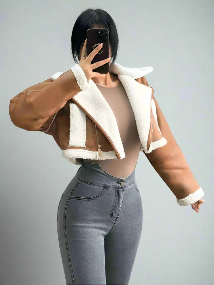Brown Suede And Beige Fleece Patchwork Collar Crop Jacket
