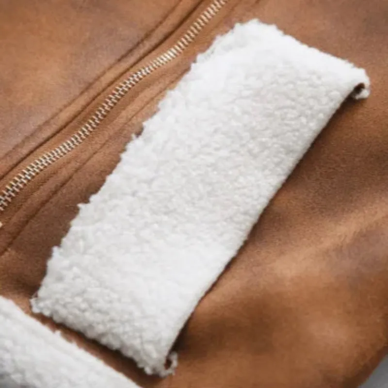 Brown Suede And Beige Fleece Patchwork Collar Crop Jacket