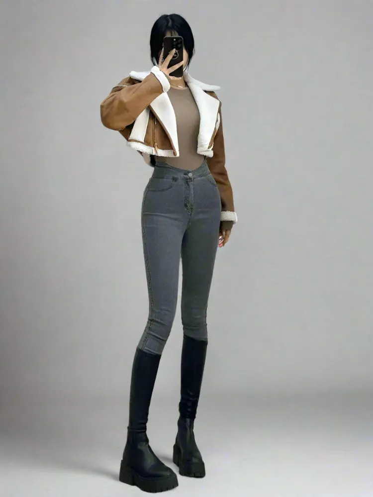 Brown Suede And Beige Fleece Patchwork Collar Crop Jacket