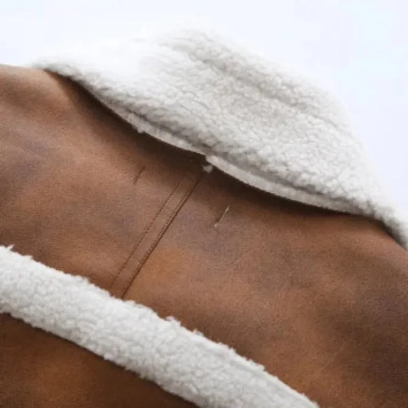Brown Suede And Beige Fleece Patchwork Collar Crop Jacket