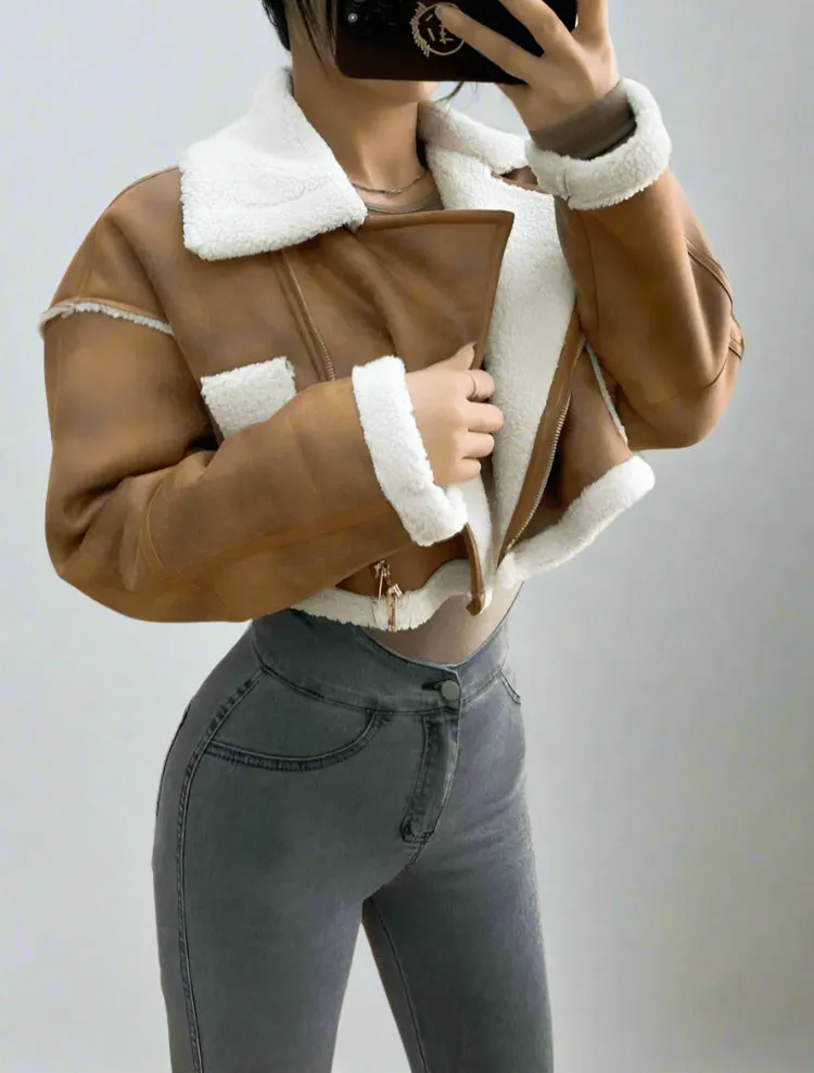 Brown Suede And Beige Fleece Patchwork Collar Crop Jacket