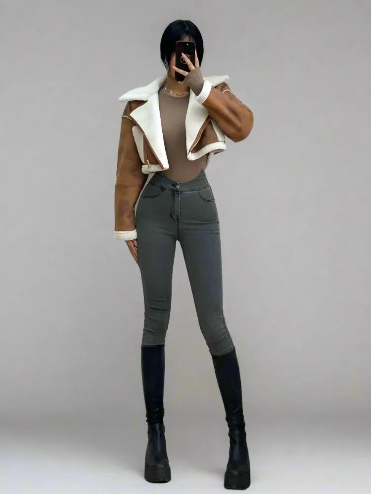 Brown Suede And Beige Fleece Patchwork Collar Crop Jacket