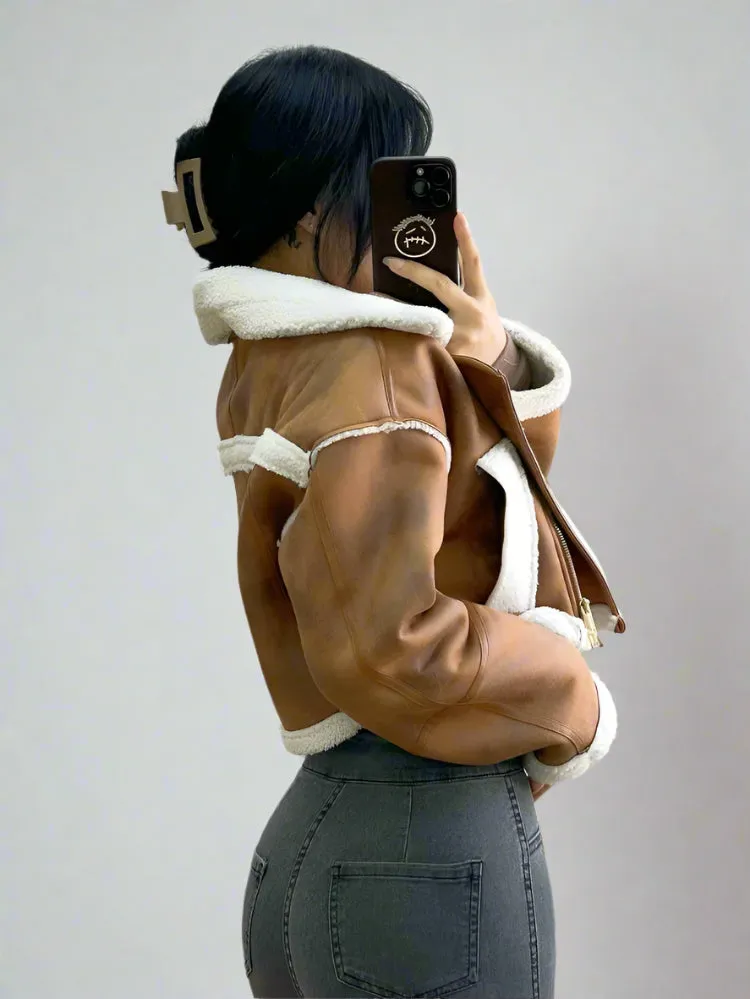 Brown Suede And Beige Fleece Patchwork Collar Crop Jacket