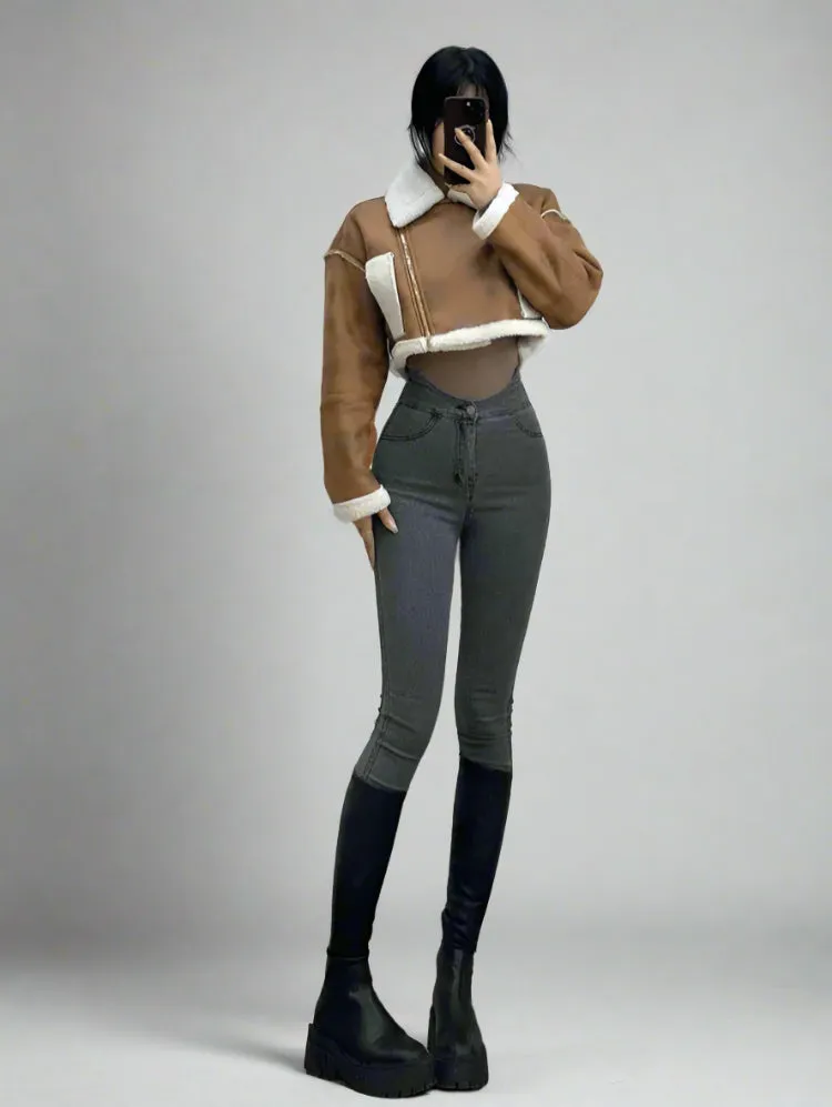 Brown Suede And Beige Fleece Patchwork Collar Crop Jacket