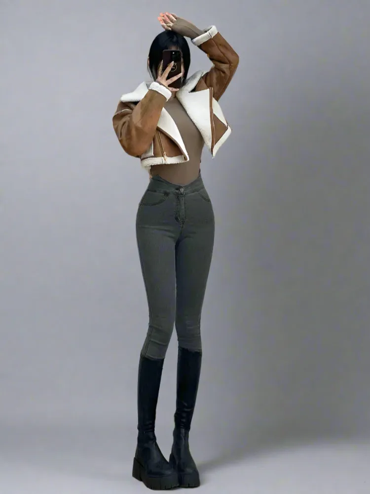Brown Suede And Beige Fleece Patchwork Collar Crop Jacket
