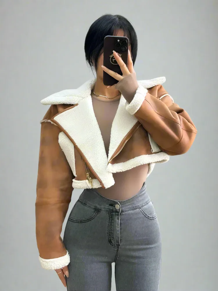 Brown Suede And Beige Fleece Patchwork Collar Crop Jacket