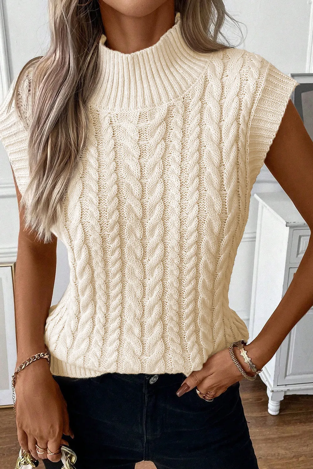 Cable Knit High Neck Sweater Vest