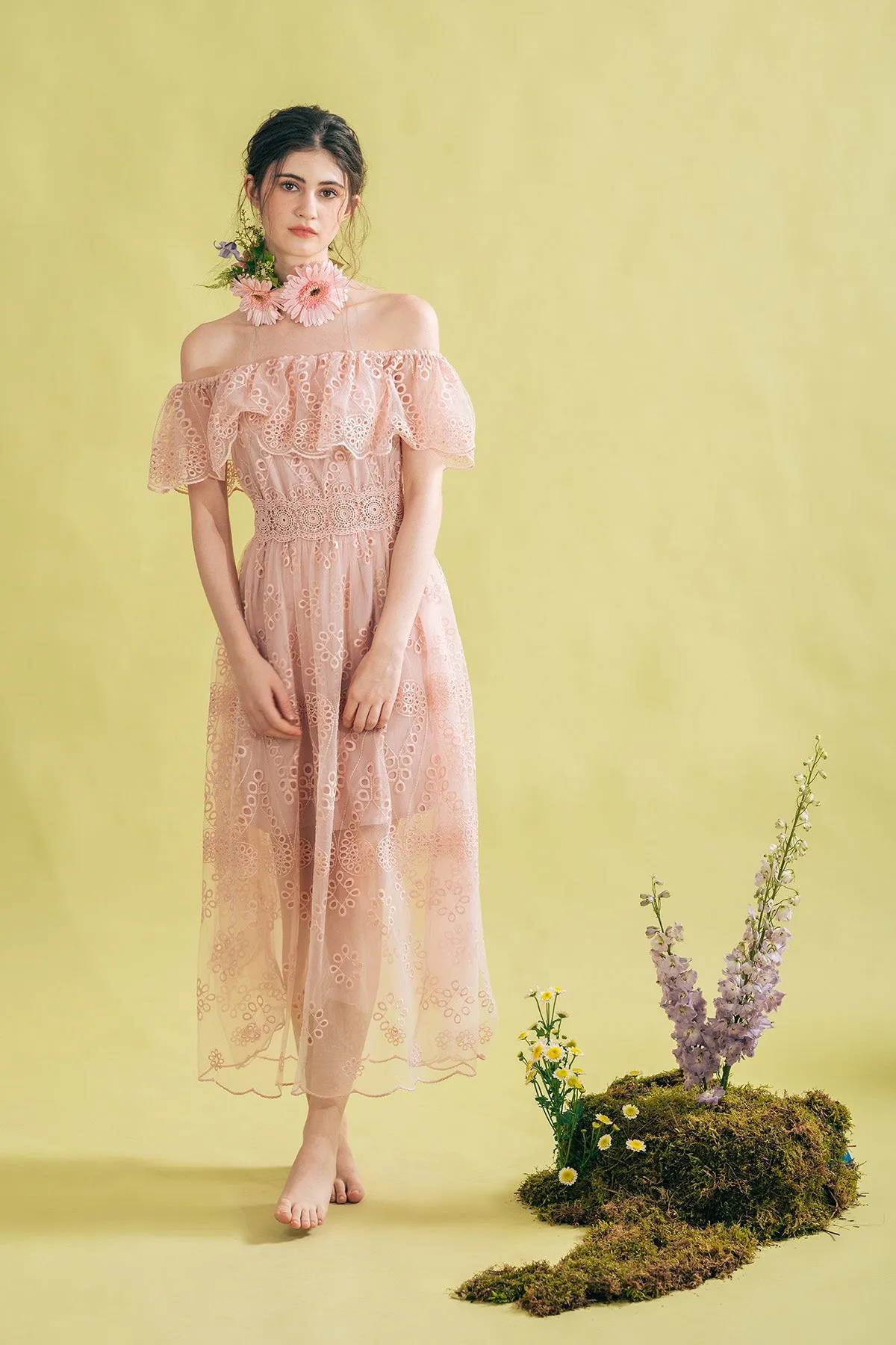 Fioveatta Off Shoulder Floral Mesh Overlay Maxi Dress