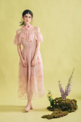 Fioveatta Off Shoulder Floral Mesh Overlay Maxi Dress