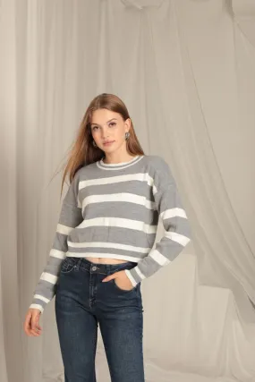 KKT Knitwear Fabric Striped Women's Gray Sweater - Conflans-Sainte-Honorine