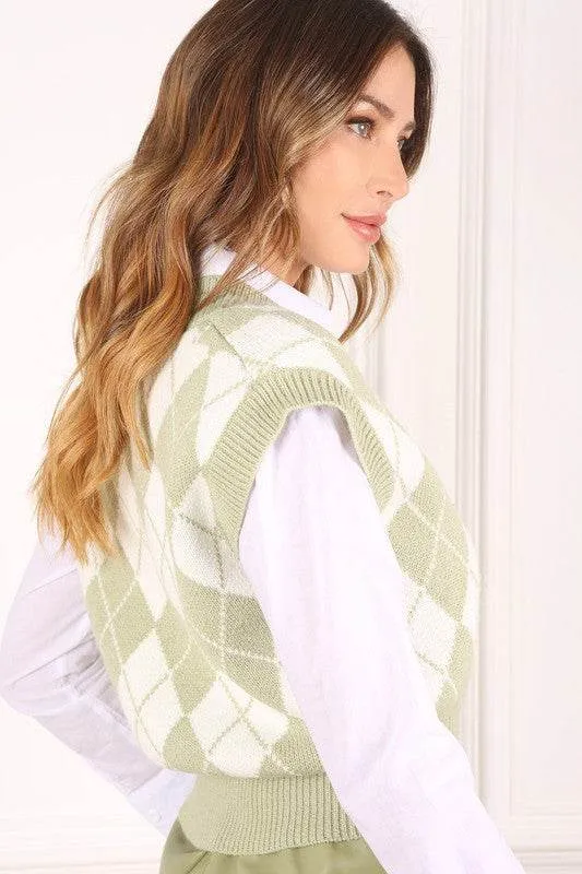 Lilou Knitted Argyle V-Neck Sleeveless Stretch Sweater Vest