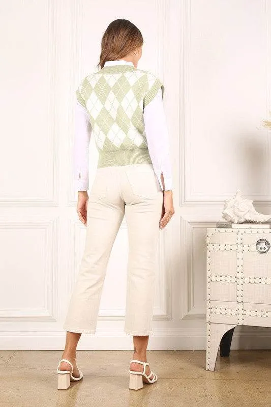 Lilou Knitted Argyle V-Neck Sleeveless Stretch Sweater Vest