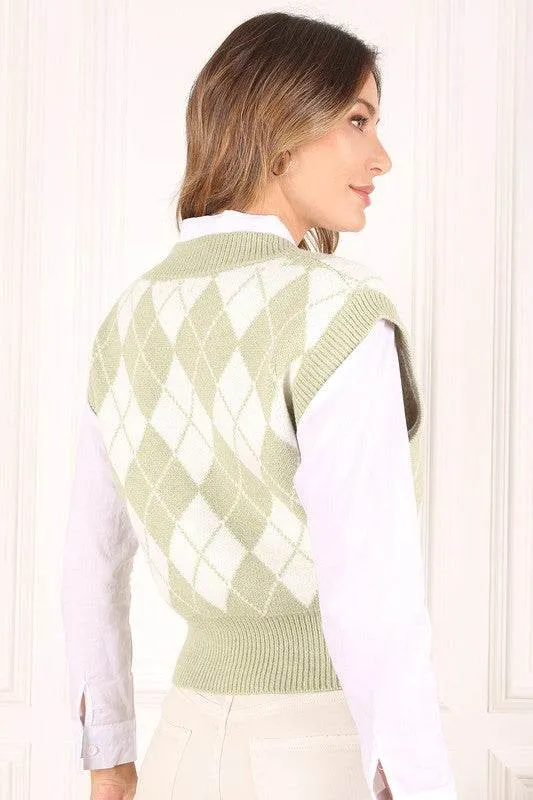 Lilou Knitted Argyle V-Neck Sleeveless Stretch Sweater Vest