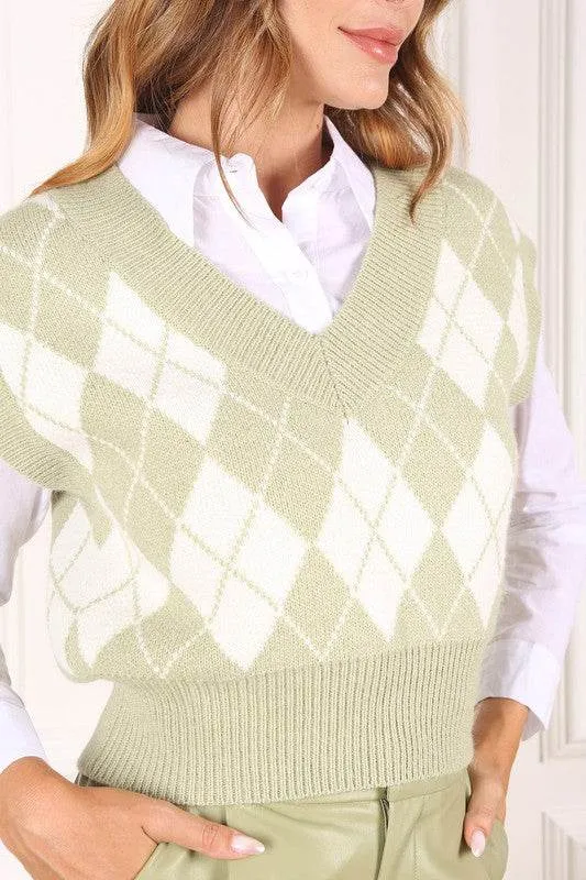 Lilou Knitted Argyle V-Neck Sleeveless Stretch Sweater Vest