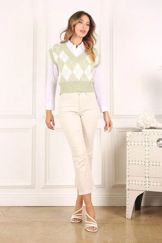 Lilou Knitted Argyle V-Neck Sleeveless Stretch Sweater Vest