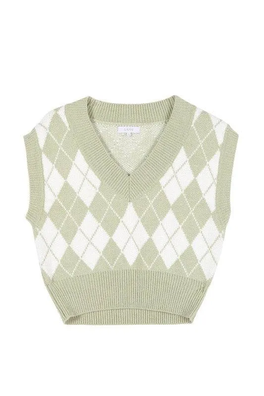 Lilou Knitted Argyle V-Neck Sleeveless Stretch Sweater Vest