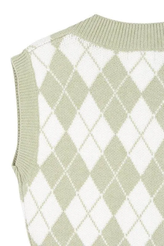 Lilou Knitted Argyle V-Neck Sleeveless Stretch Sweater Vest