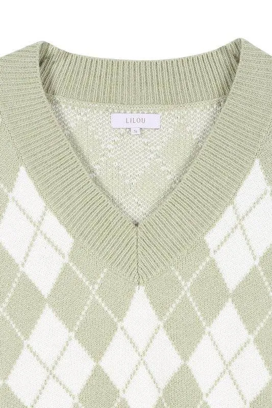 Lilou Knitted Argyle V-Neck Sleeveless Stretch Sweater Vest