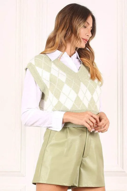 Lilou Knitted Argyle V-Neck Sleeveless Stretch Sweater Vest