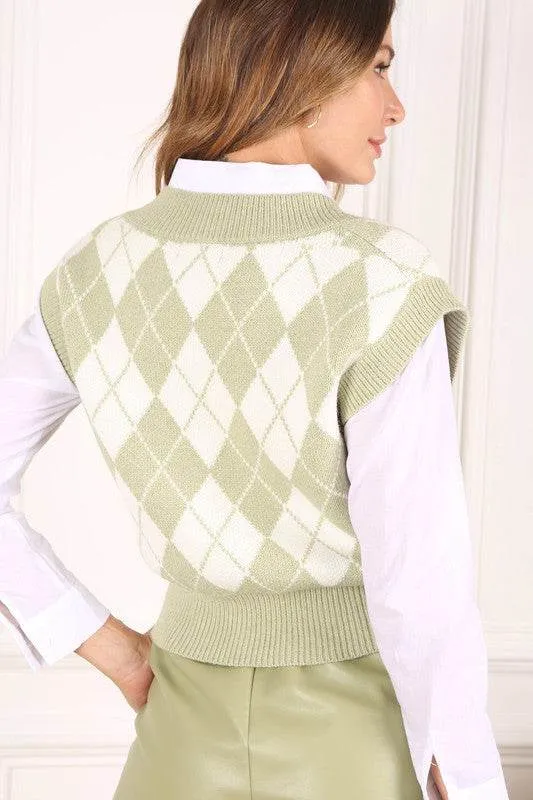 Lilou Knitted Argyle V-Neck Sleeveless Stretch Sweater Vest