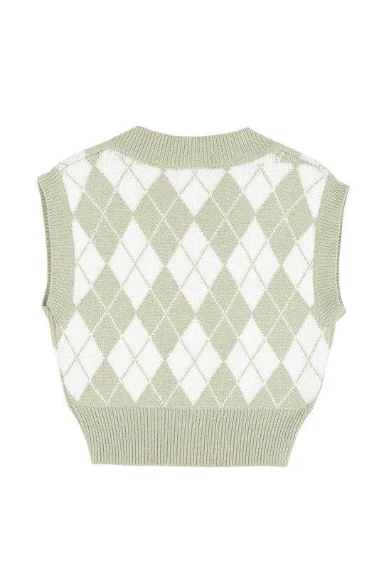 Lilou Knitted Argyle V-Neck Sleeveless Stretch Sweater Vest