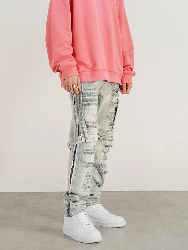 Men's Heavy-Distressed Washed Straight-Leg Jeans