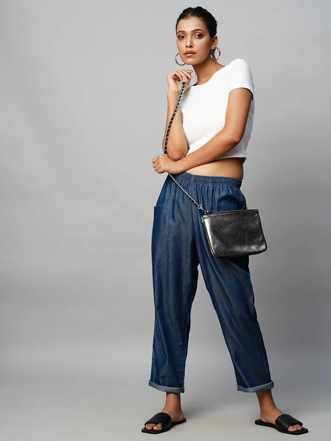 Mid Wash Cotton Tencel Slip-On Peg Leg Denims