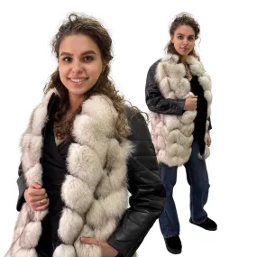 Natural Leather and Fox Fur Coat – Diamond Pattern, Zipper, and Lined Design (S)