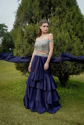 NAVY BLUE PEARL EMBELLISHED LAYERED LAEHANGA SET