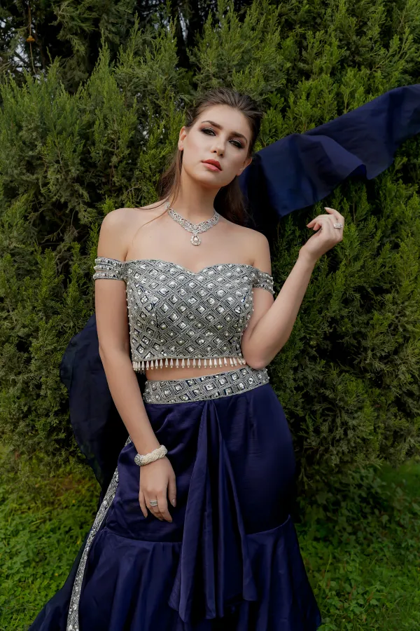 NAVY BLUE PEARL EMBELLISHED LAYERED LAEHANGA SET