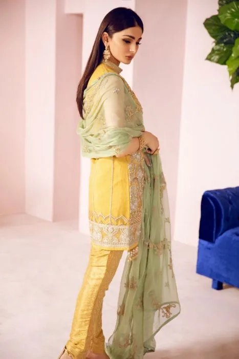 Pakistani Designer Fancy Dress in Mustard Color #J4341