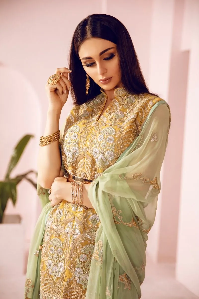 Pakistani Designer Fancy Dress in Mustard Color #J4341