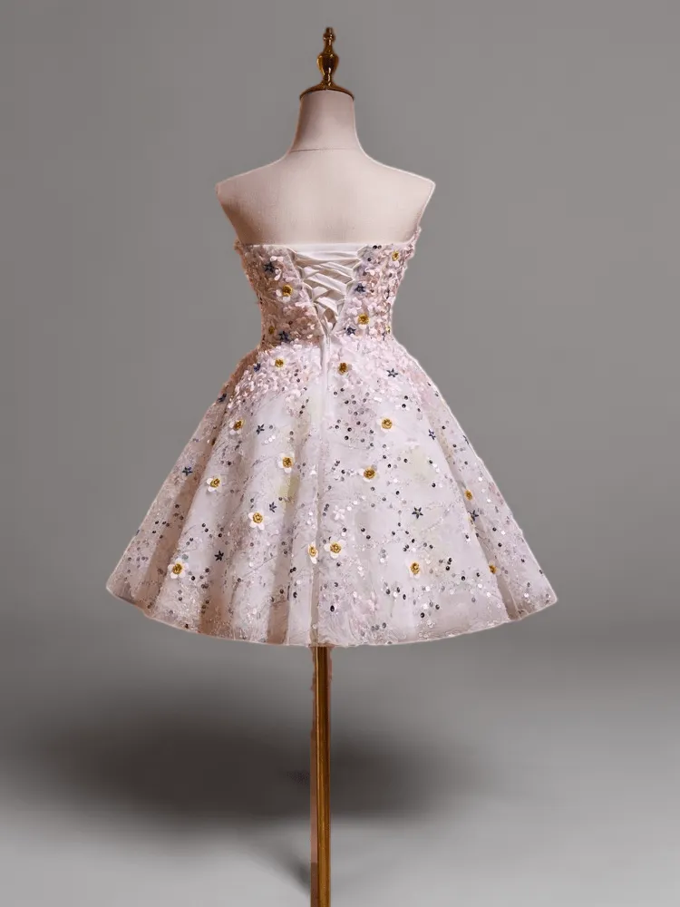 Pink Short Wedding Party Dress - Floral Embellished Tulle Dress - Strapless Bridal Dress with Corset Back Plus Size