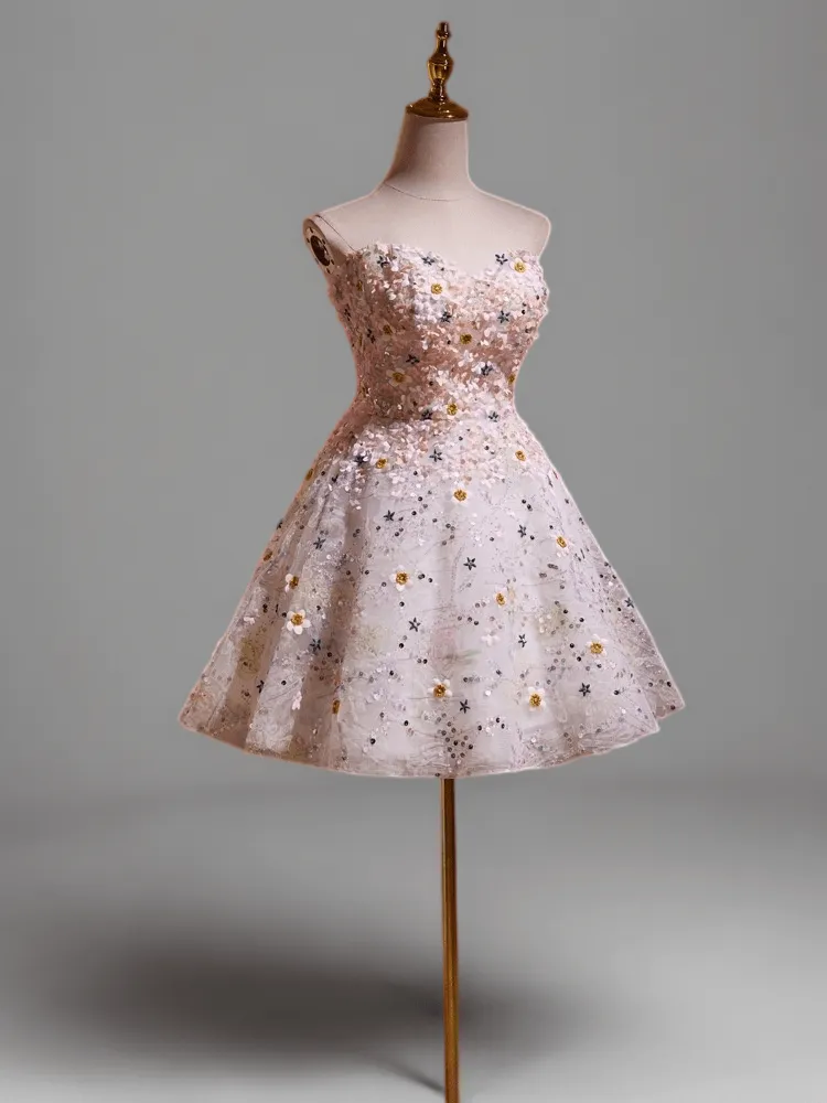 Pink Short Wedding Party Dress - Floral Embellished Tulle Dress - Strapless Bridal Dress with Corset Back Plus Size