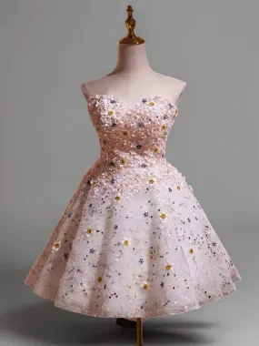 Pink Short Wedding Party Dress - Floral Embellished Tulle Dress - Strapless Bridal Dress with Corset Back Plus Size