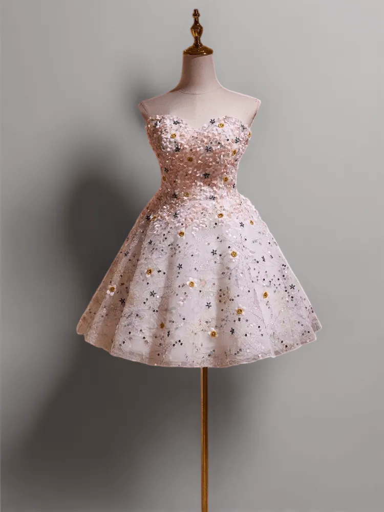 Pink Short Wedding Party Dress - Floral Embellished Tulle Dress - Strapless Bridal Dress with Corset Back Plus Size
