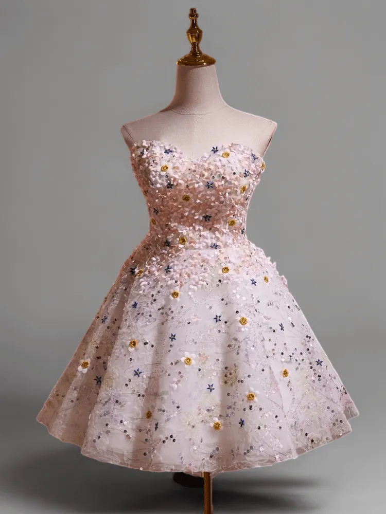 Pink Short Wedding Party Dress - Floral Embellished Tulle Dress - Strapless Bridal Dress with Corset Back Plus Size