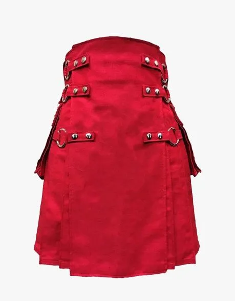 RED GOTHIC UTILITY KILT WITH CHAINS - RED CANVAS KILT