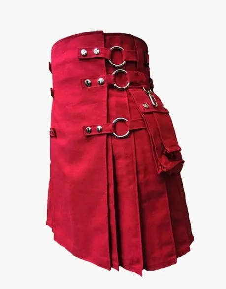 RED GOTHIC UTILITY KILT WITH CHAINS - RED CANVAS KILT