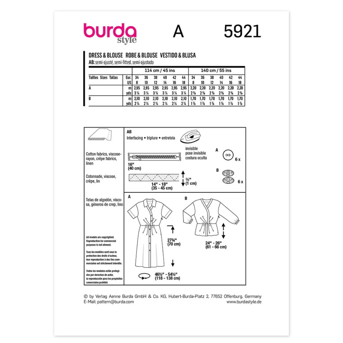 Semi-fitted Shirt Dress and Shirt Sewing Pattern - Burda Style 5921